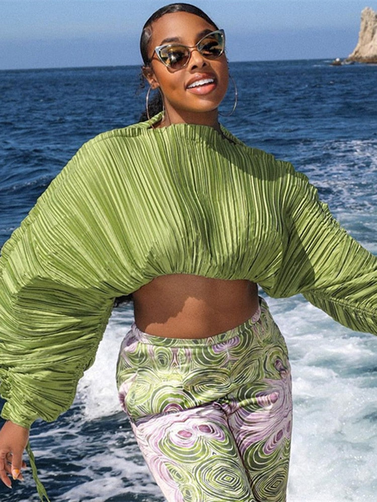 Spring Loose Soild Crop Tops For Women Long Sleeve Fashion Sweatshirts Female Sexy Black Green Casual T Shirts Sweatshirts green SHANGYI 23