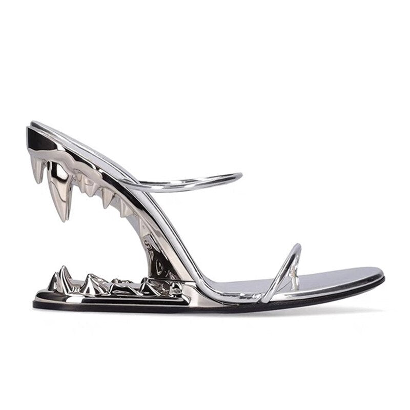 Fashion Metal Teeth Shaped Heel Sandals Round Toe Back Zipper Women's Dress Large Women's Sandals Summer