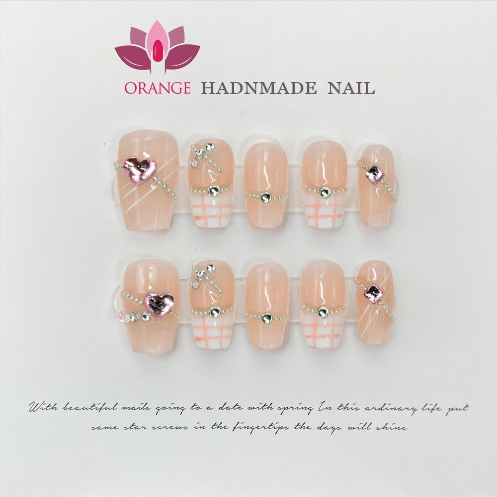 Handmade Medium Length Press On Full Cover Pink Coffin Head Manicuree Decoration Wearable With Design Acrylic Nails For Girls Spain