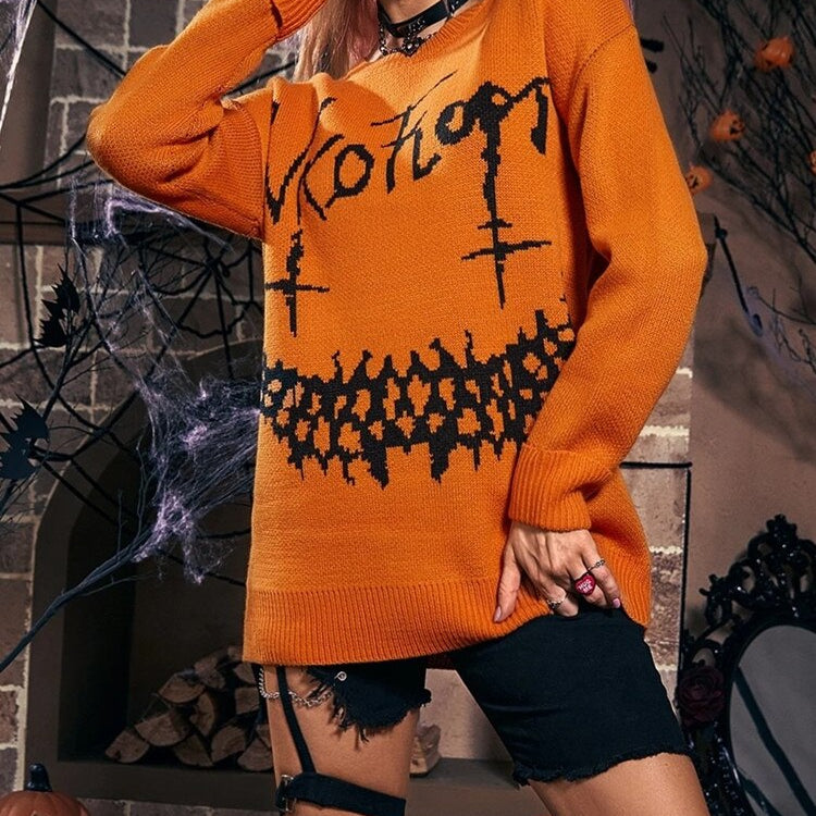Yangelo Halloween Gothic Letter Pattern Knitted Sweater Punk Street Retro Basic Women's Fall Winter Warm Loose Sweater Default Title