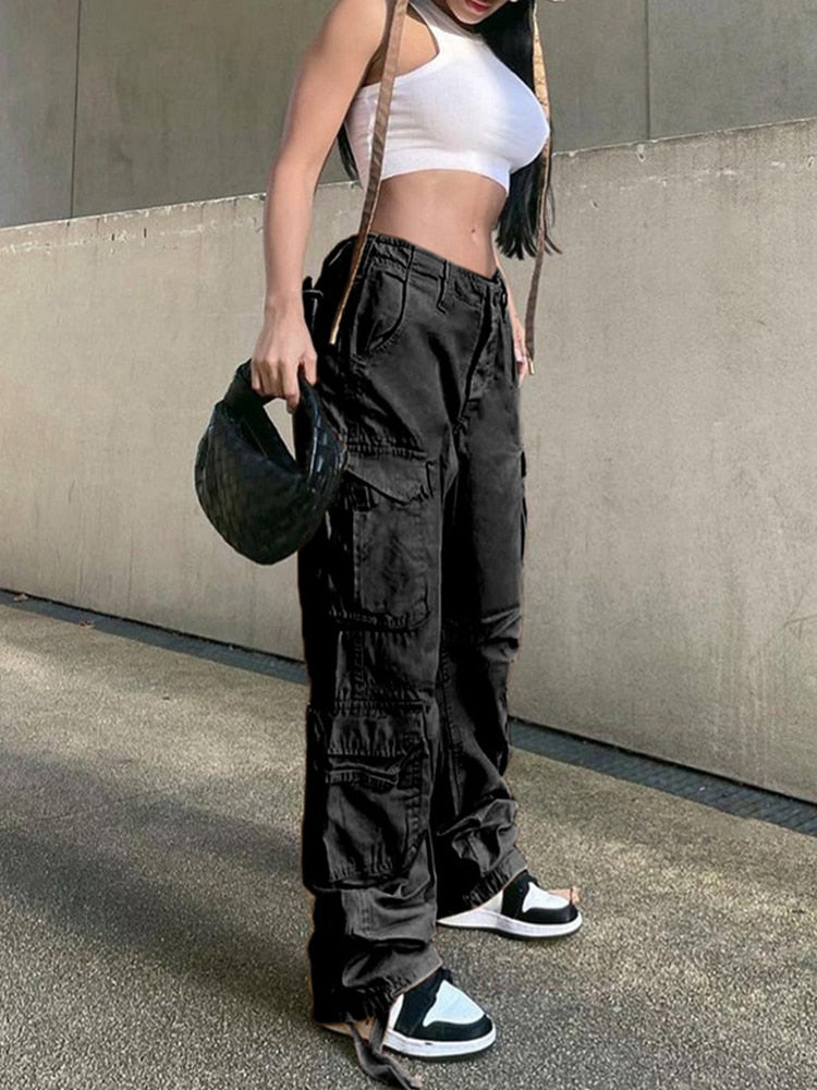 Vintage Cargo Pants Baggy Jeans Women Fashion 90s Streetwear Pockets Wide Leg High Waist Straight Y2k Denim Trousers Overalls Black