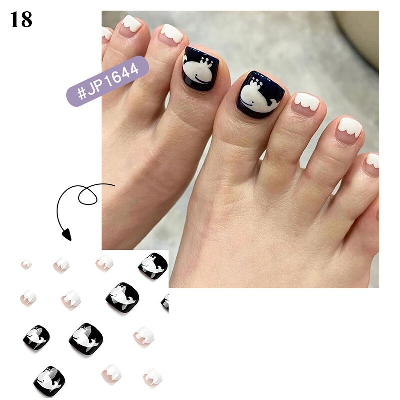False Toenail 24Pcs/Box Toe Nail 3D Glitter Decor Press On Fake Nails With Glue Detachable Square Short Full Cover DIY Nail Tips