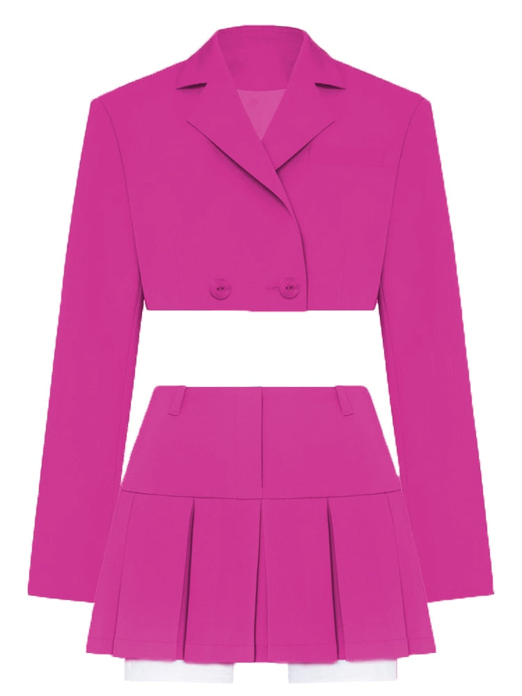 Fall Women Blazer Suit Two Piece Sets Turn-down Collar Blazers Tops And Pleated Skirts Femme High Street Y2K Outfits Rose Red Suit