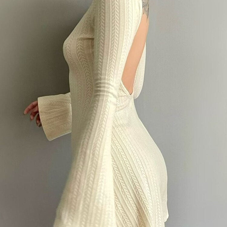 Solid Knitted Backless Dresses for Women Autumn Winter Elegant Long Sleeve Bodycon Mini Dress Casual