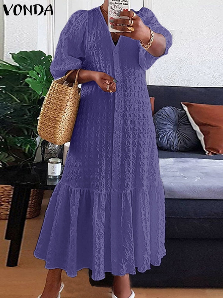 Plus Size 5XL VONDA Women Shirt Dress 2023 Summer Sexy V Neck Buttons Half Sleeve Long Maxi Vestidos Bohemian Elegant Party Robe Purple
