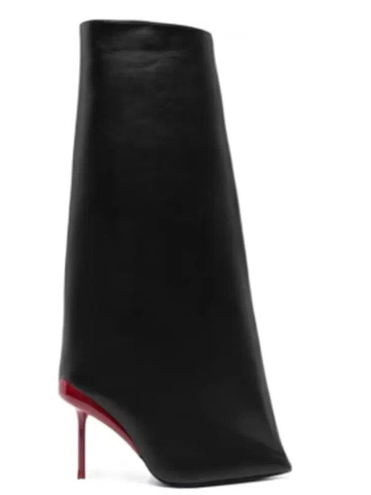 Autumn/Winter New Party High Heel Knee Length Women's Boots Fashion Genuine Leather Sleeve Medium Sleeve Women's Boots Red Heel Cowhide
