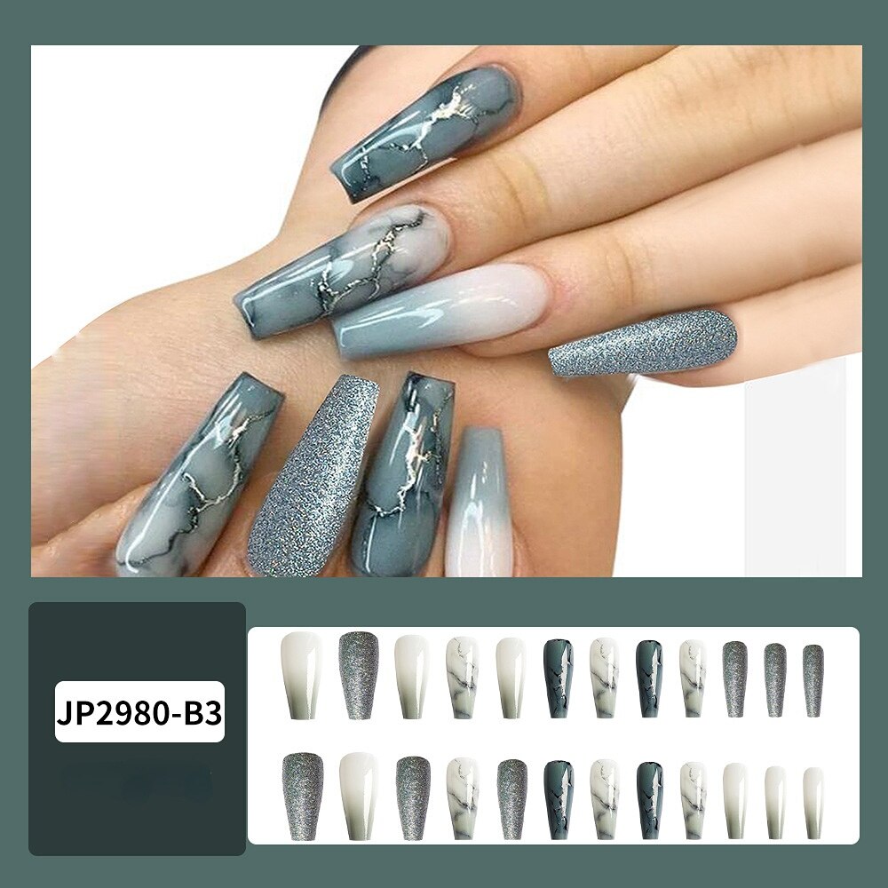 Sea Wave Carp Japanese Style Doodle False Nails Detachable Nude Pink Long Coffin Fake Nails with Glue Full Cover Press on Nails