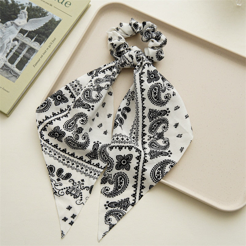 Fashion Print Chiffon Long Ribbon Scrunchies Women Girls Ponytail Scarf Elastic Hair Bands Ties Hair Accessories Wholesale 38
