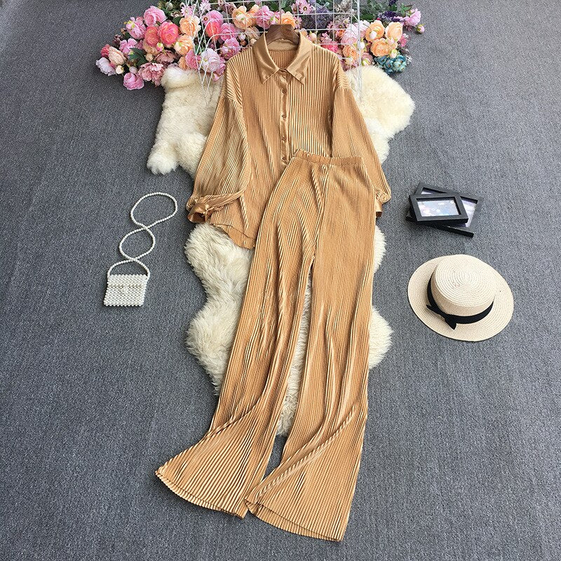 Casual Women Elegant Pleated Two Piece Set Long Sleeve Shirt And Wide Leg Pant Suits Loose Office Lady Outfits Autumn