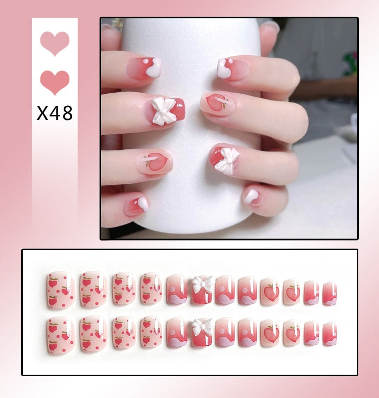 24PCS/Box Bowknot Rabbit Pattern Pearl Short Square Designer Fashion Design French Style Full Covering Pressed Fake Nails