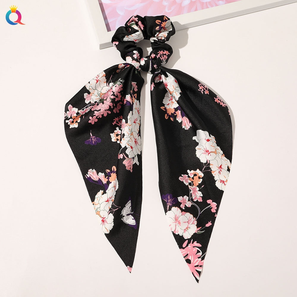 Fashion Print Chiffon Long Ribbon Scrunchies Women Girls Ponytail Scarf Elastic Hair Bands Ties Hair Accessories Wholesale 57