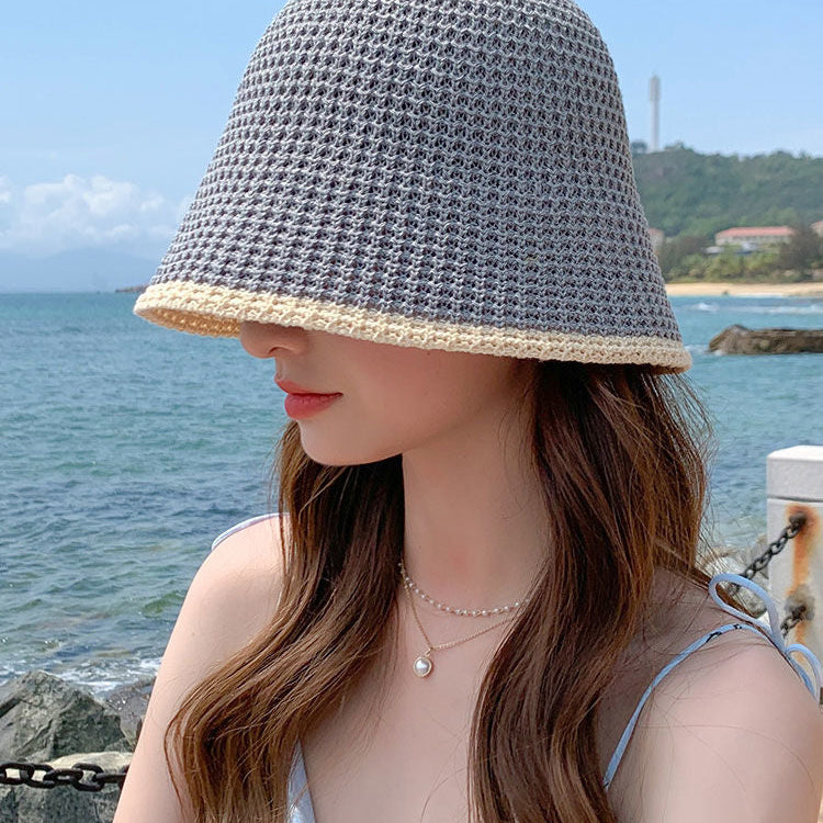 Summer Bicolor Knit Bucket Hat For Woman Trendy Black Bucket Hat Sun Caps Fashion Trend Charm Y2k Young Girl Kpop Gift Girl