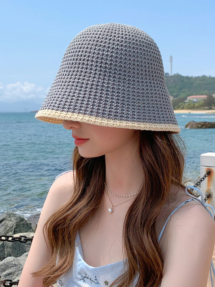 Summer Bicolor Knit Bucket Hat For Woman Trendy Black Bucket Hat Sun Caps Fashion Trend Charm Y2k Young Girl Kpop Gift Girl