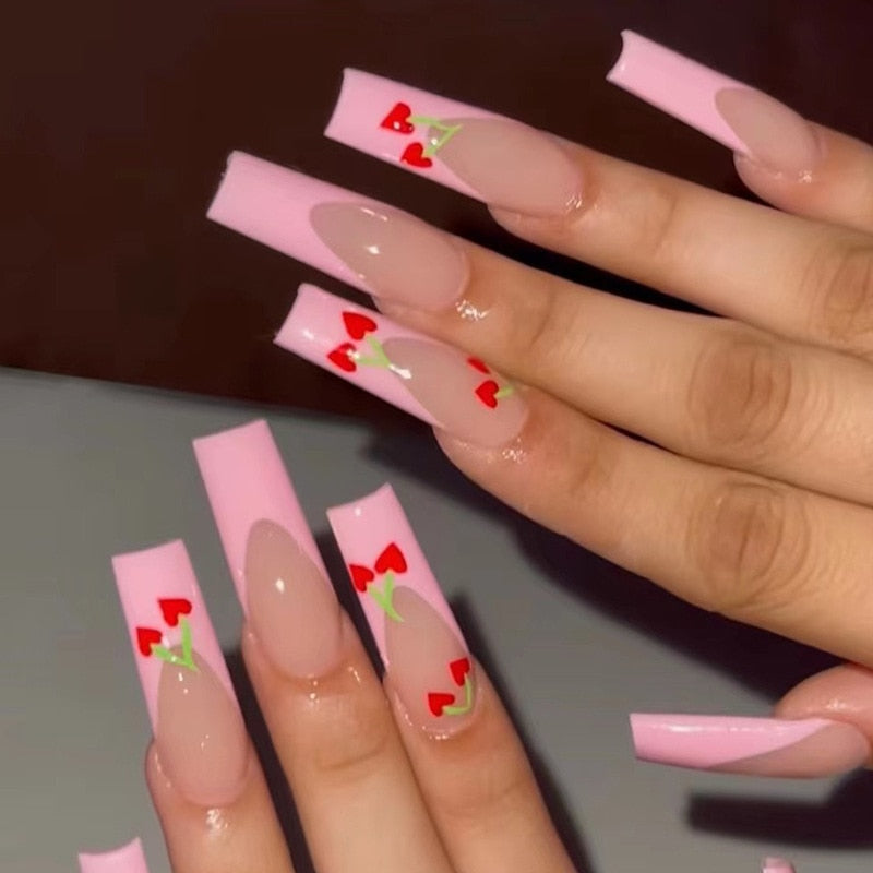 Sea Wave Carp Japanese Style Doodle False Nails Detachable Nude Pink Long Coffin Fake Nails with Glue Full Cover Press on Nails