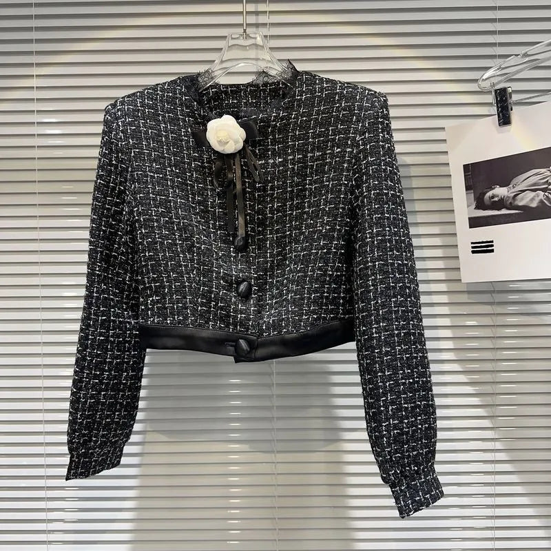 PREPOMP Autumn New Arrival Feathers Camisole Floral Pin Plaid Jacket Slim Shorts Three Piece Set Outfits Women GL610 Black Jacket