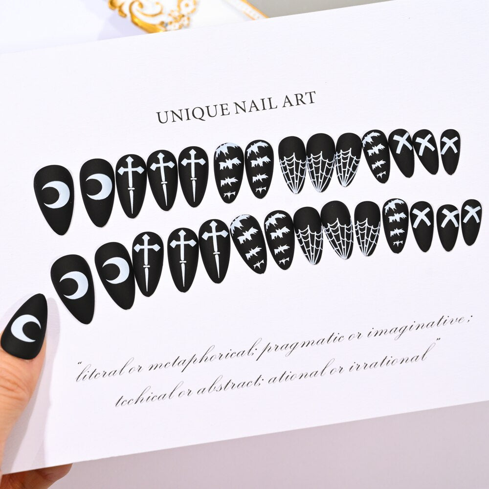 Press on Nails Halloween Medium Length Coffin Black Fake Nails Scary Mask Face Nail Tips Halloween Design 3D Glossy Acylic Nails TD146-DY348