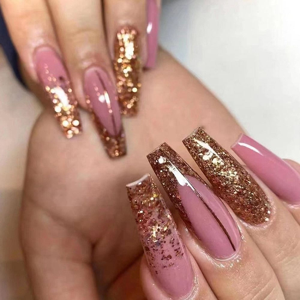 Pink Cow Design False Nail French Full Cover Long Coffin Fake Nails Glue DIY Manicure Nail Art Tools press on nails nail tips A7