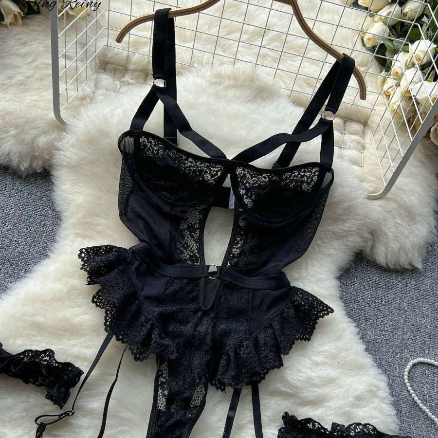 Shapewear Lace Lingerie Bodysuits Women Hollow Out Transparent Slim Sensual Rompers Hotsweet Erotic Sheer Playsuits