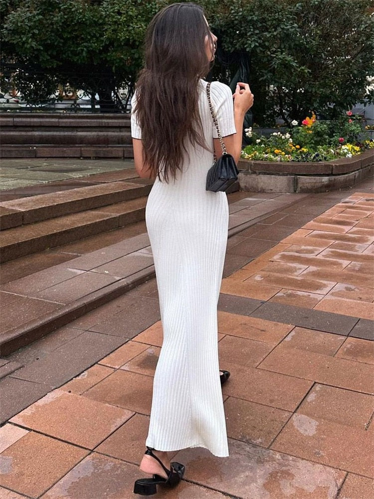 Tossy White Knit Fashion Maxi Dress Women Short Sleeve Patchwork Elegant Party Dress Knitwear Lapel High Street Women's Dress