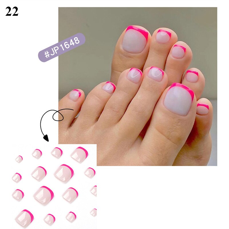 False Toenail 24Pcs/Box Toe Nail 3D Glitter Decor Press On Fake Nails With Glue Detachable Square Short Full Cover DIY Nail Tips