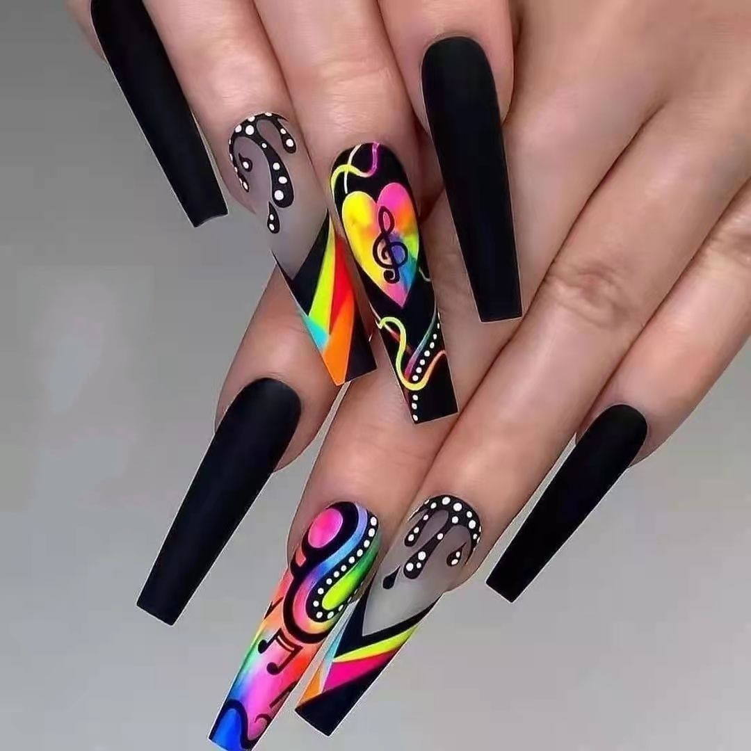 3D Fake nails set press on faux ongles capsule tips DIY manicure supplies Colorful sheet music designs long false acrylic nails