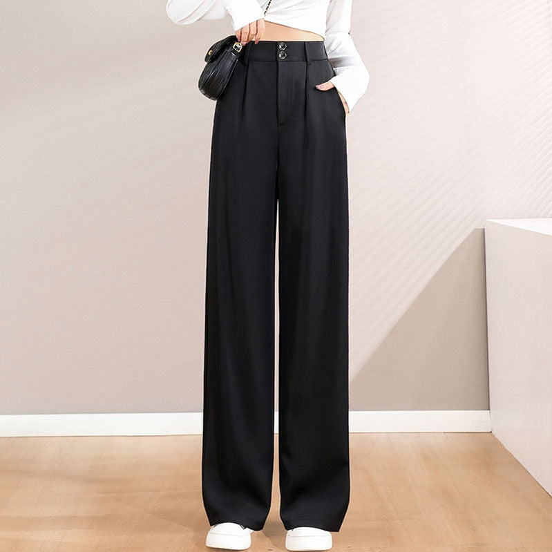 Women'S New High Waist Draping Loose Casual Straight Leg Floor Length Trousers Class Professional Wide Pants Black
