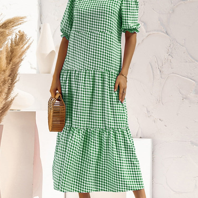 Summer Long Maxi Dress Women Casual Short Sleeve Square Collar Vintage Plaid Party Bohemian Vestidos Loose Sundress B-Green Spain