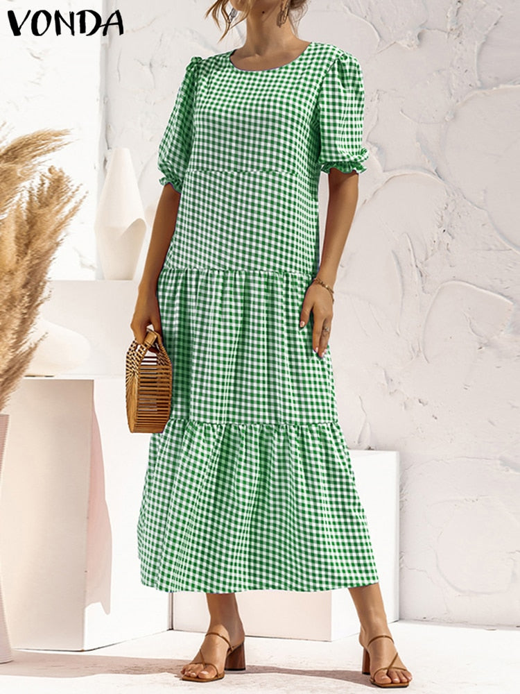 Summer Long Maxi Dress Women Casual Short Sleeve Square Collar Vintage Plaid Party Bohemian Vestidos Loose Sundress B-Green Spain