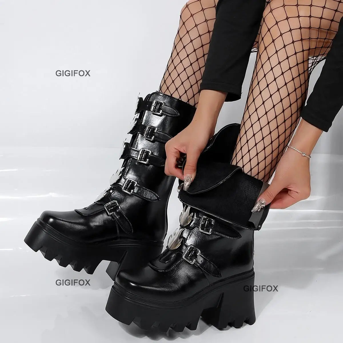 GIGIFOX Brand New Big Size 43 Black Pink Goth Cool Punk Motorcycle Boots Platform Wedges High Heels Chunky Boots Women Shoes New Arrival