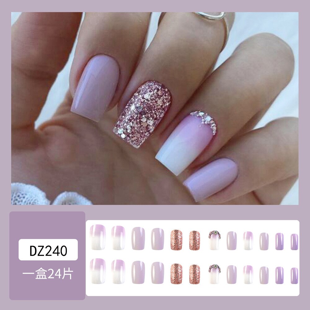 Gradient Fake Nails Press on Nail Diamond Cross Art Long Tips False Forms with Glue Stick Stickers Reusable Set DZ240