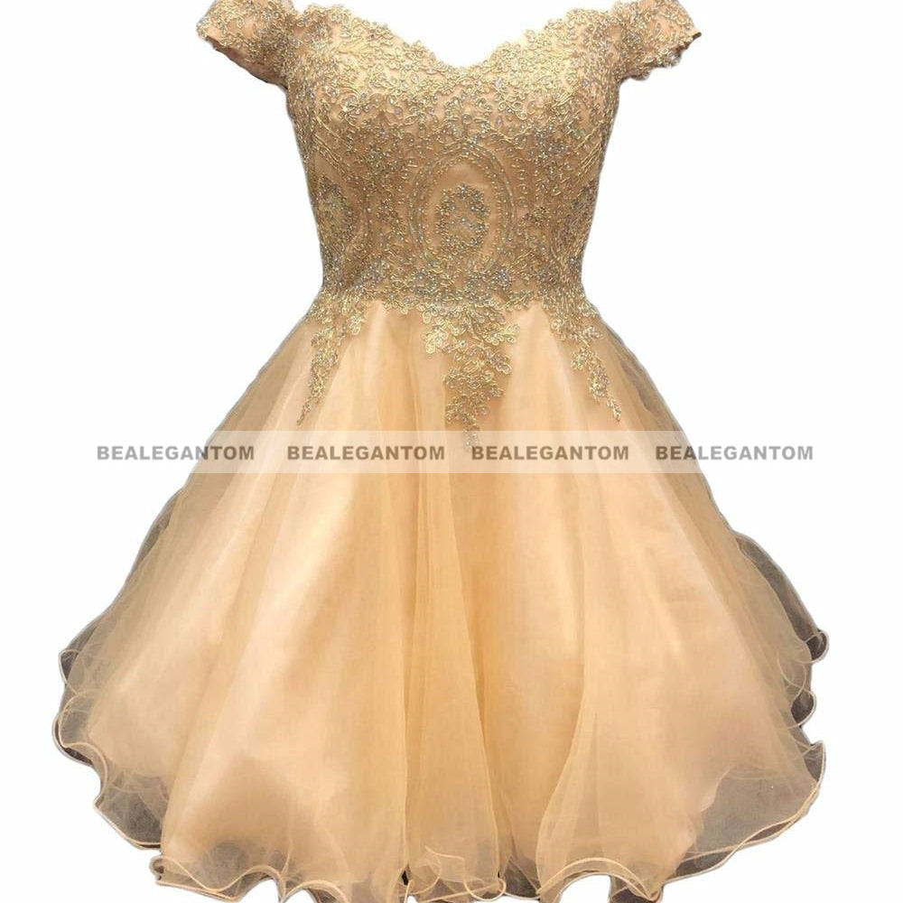 Bealegantom A Line Lace Off Shoulder Short Homecoming Dresse Appliques Crystal Beaded Mini Formal Prom Graudation Party Gowns