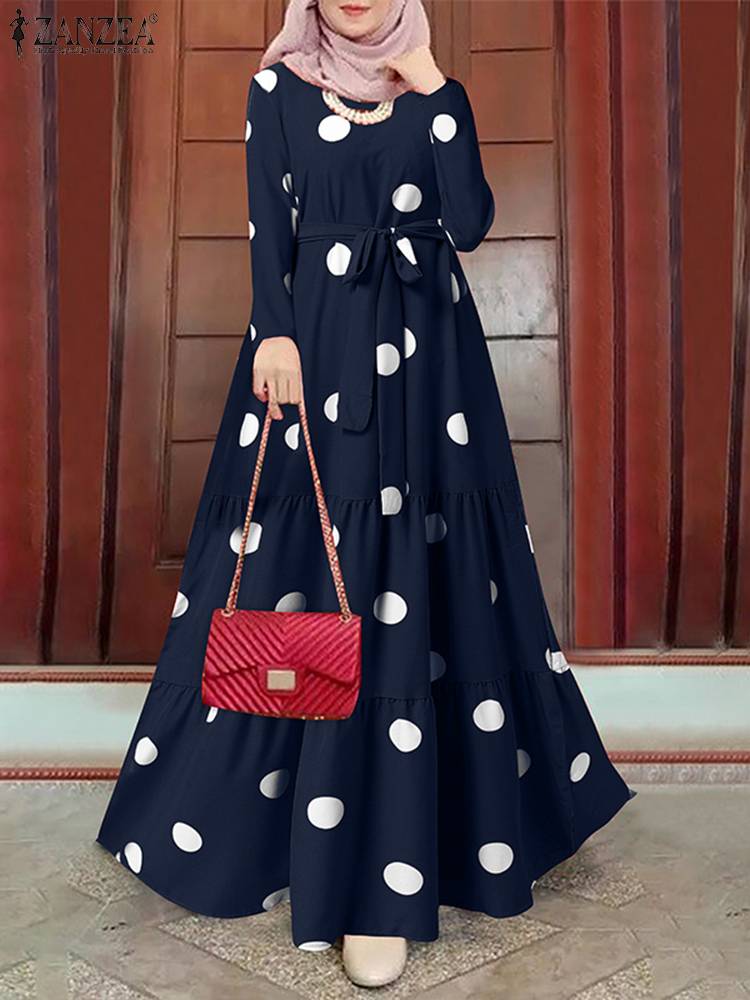 ZANZEA Women Spring Muslim Dress Elegant Casual Loose Abaya Kaftan Sundress Long Sleeved Polka Dots Printed O-Neck Maxi Robe