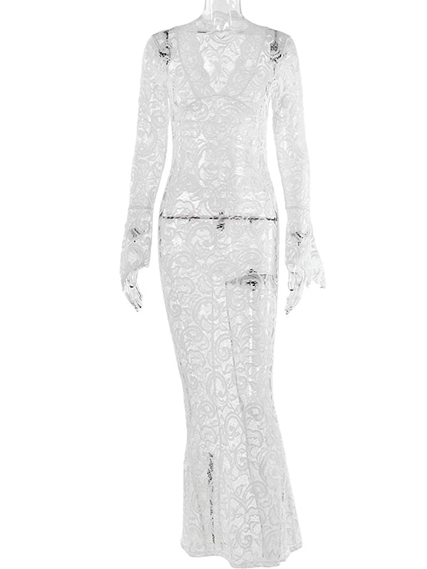 JULISSA MO 2023 Elegant Lace See Through V-neck Maxi Sexy Dress For Women Summer Chic Longsleeves Hollow Out Slim Floor Dress white