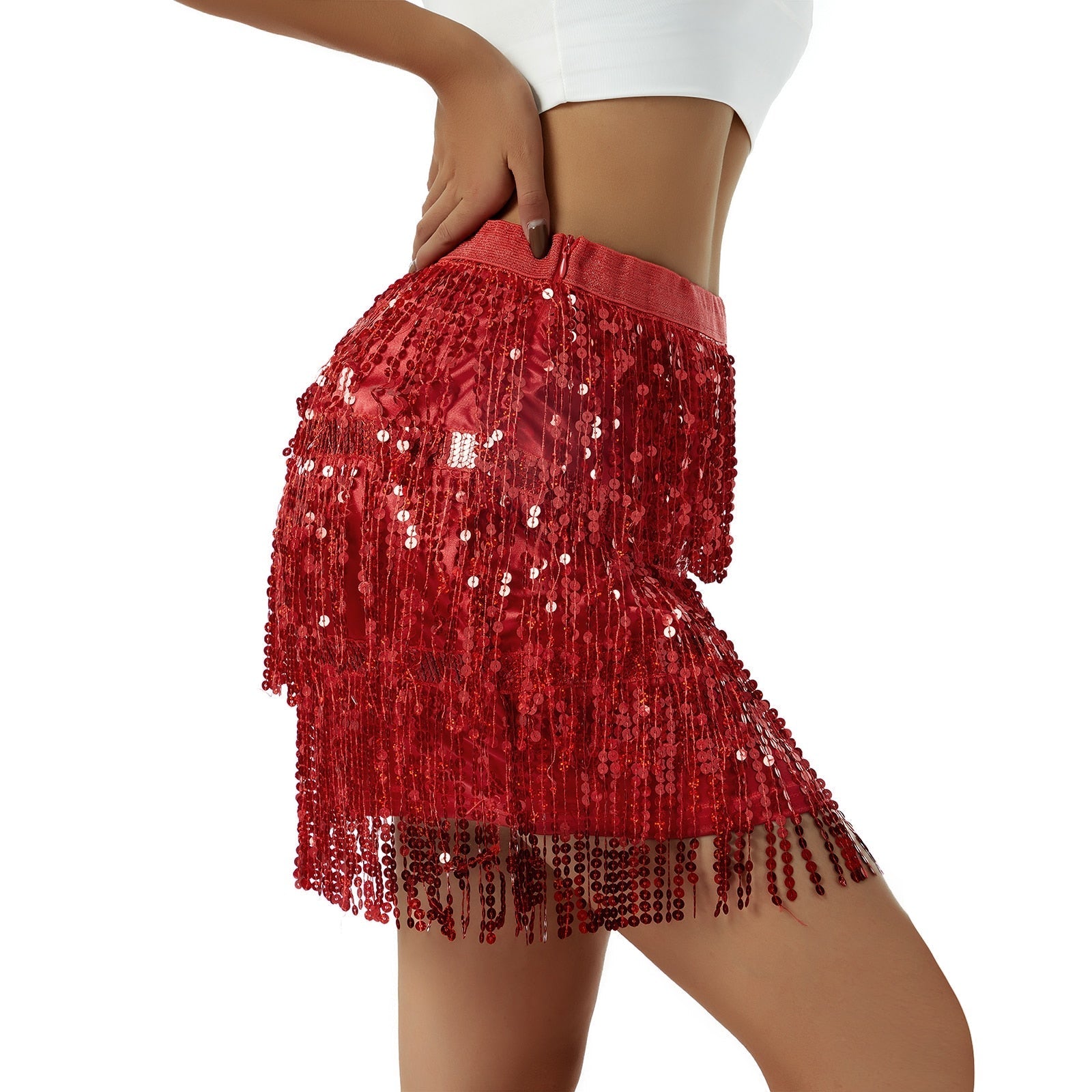 Women Sequined Fringe Skirt Glitters Elastic Waist Miniskirt Mini Skirt for Dance Rave Party Black/Silver/Gold/Red