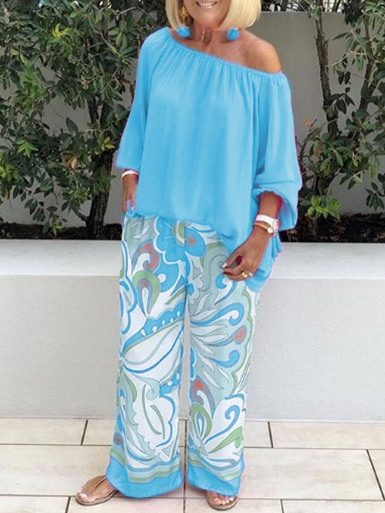One-shoulder Loose Long Sleeved T Shirt Set Women's Spring Autumn Leisure Printed Wide Leg Trousers + Shirt Two Piece