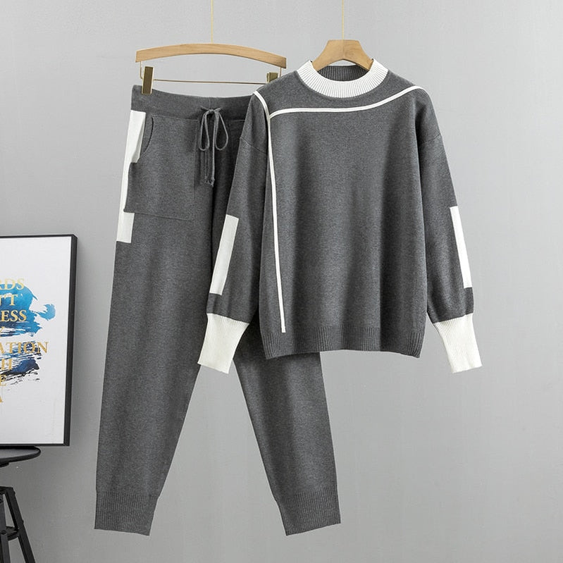 Autumn Runway 2 Pieces Set Knitted Long Sleeve Pullovers Sweater Casual Patchwork Fashion Women Tops and Pants Suits Spring