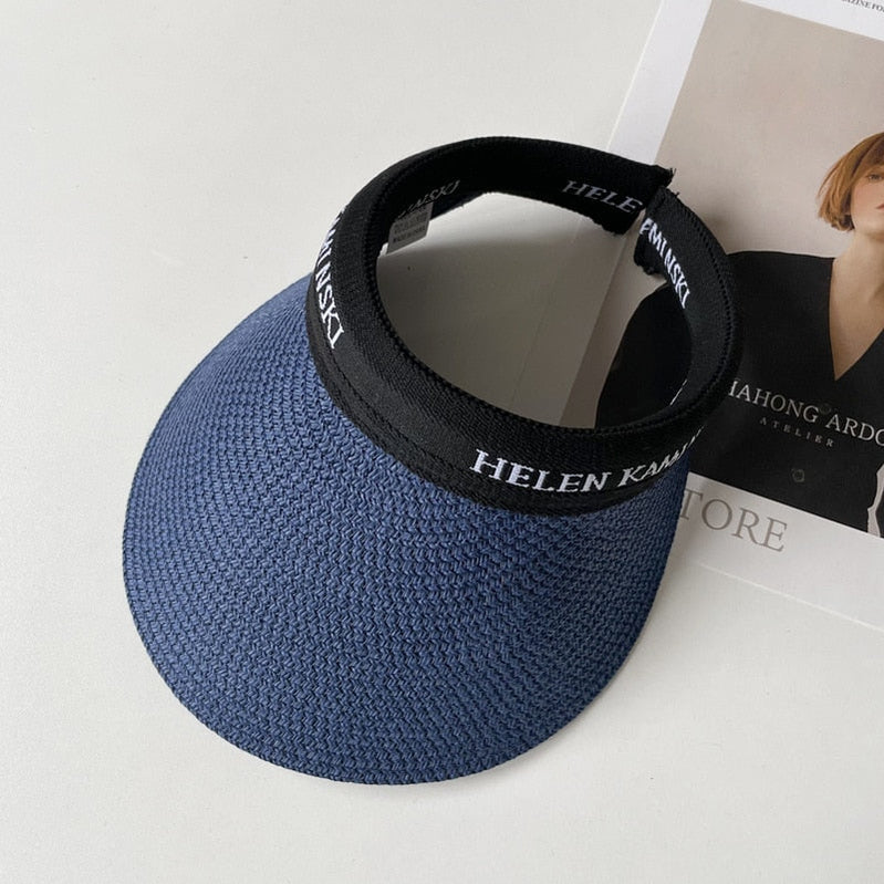 Empty Top Straw Hat Travel Sunshade Sun Hat Cap Trendy Superlite Beach Cap summer Wear Visor Cap For Womens Navy Blue-1 57 cm