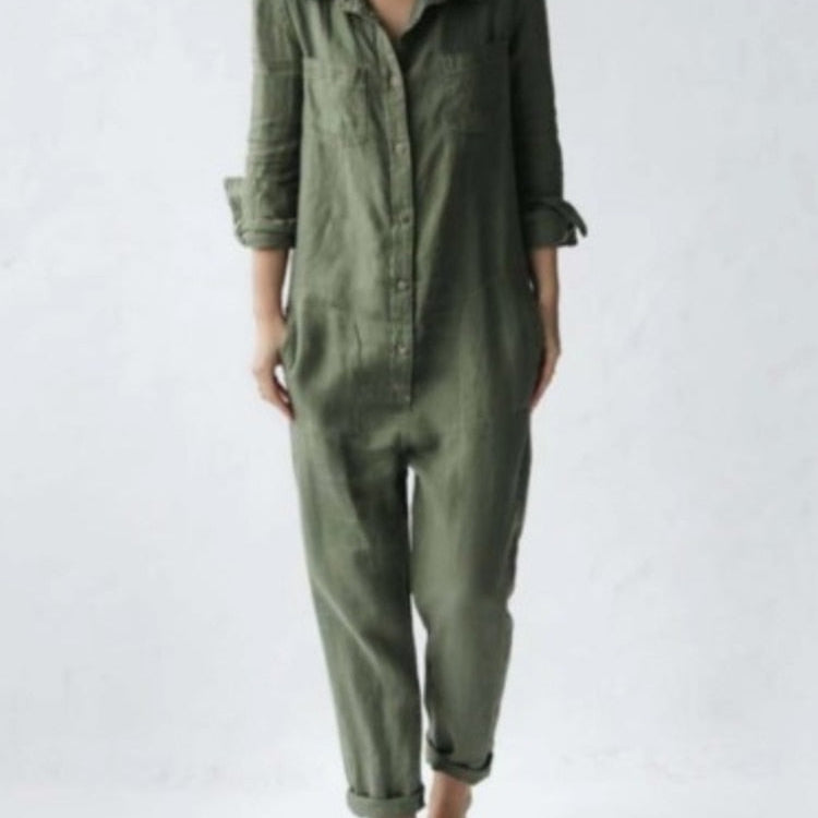 Vintage Cotton Overalls Mujer Women Jumpsuits Spring Long Sleeve Buttons One Piece Outfit Chic Tunic Oversized Green Jumpsuit