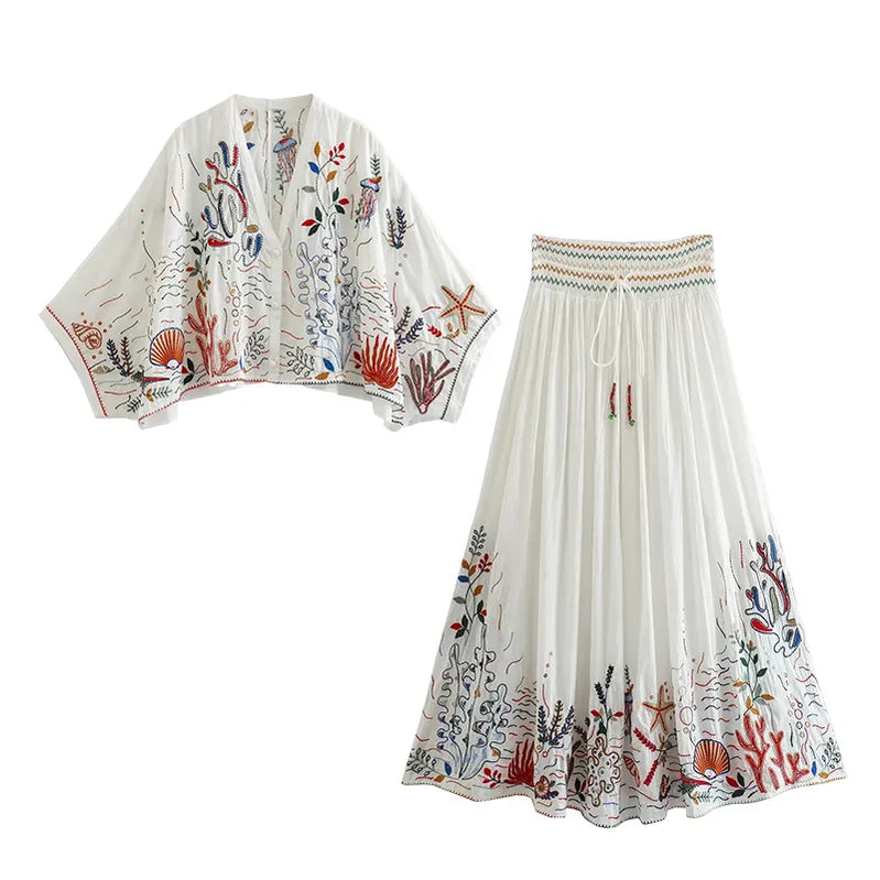 Batwing Sleeve Women Autumn Embriodery Paisley Print Skirt Set Outfits V Neck Button Tiered Mini Skirt Dress Suit Vintage Set Set-style 3