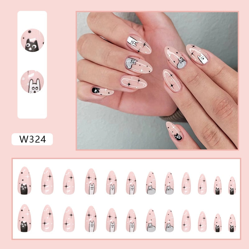 2023 New Cute Cat Printed Fake Nails Almond Head Full Cover Press on FIngernails Cartton Pink Acrylic Nail Art Tips for Girls