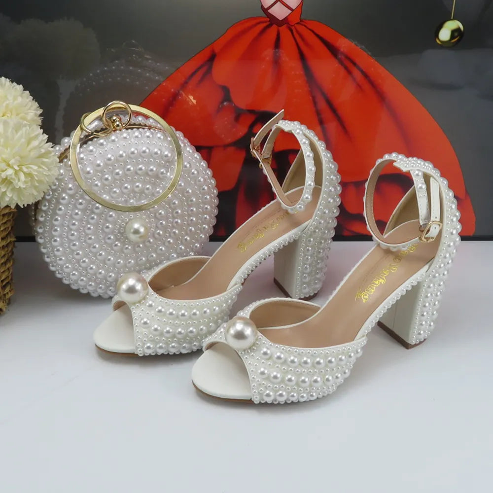 White Female Sandals Bridal shoes bag set woman Fashion Thin Heel Big Pearl Girls fashion Sandals party Shoes 8cm open toe set