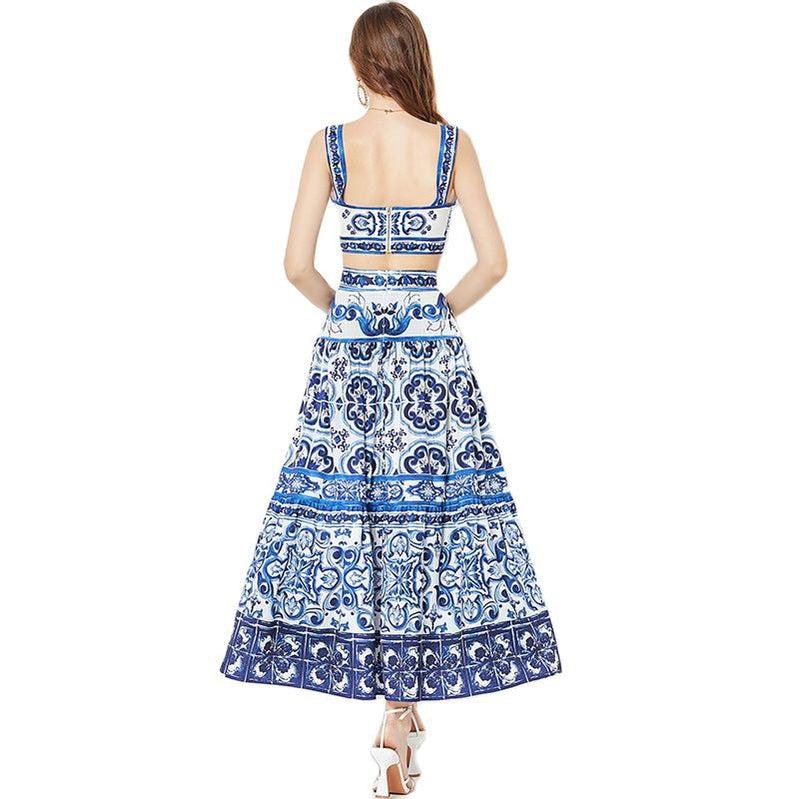 Summer Floral Dress Sets Women 2 Piece Outfit Sexy Slim Tops and Skirt Party Set Suspender Strap Suit Ballgown Frocks