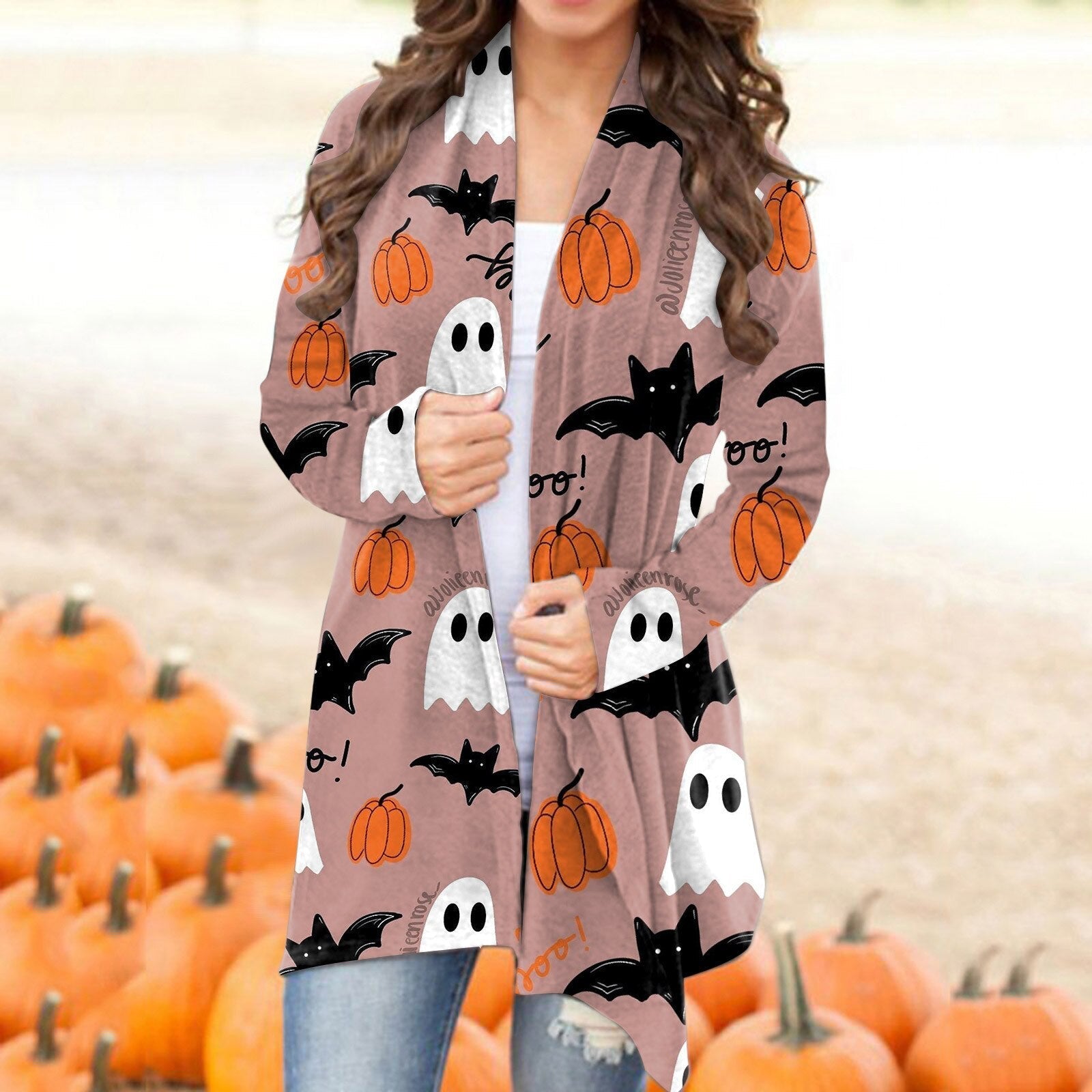 Autumn Winter Cardigan Women Halloween Skull Print Casual Open Stitch Lady Elegant Sweater Coat Casual Blouse Clothes Streetwear Khaki