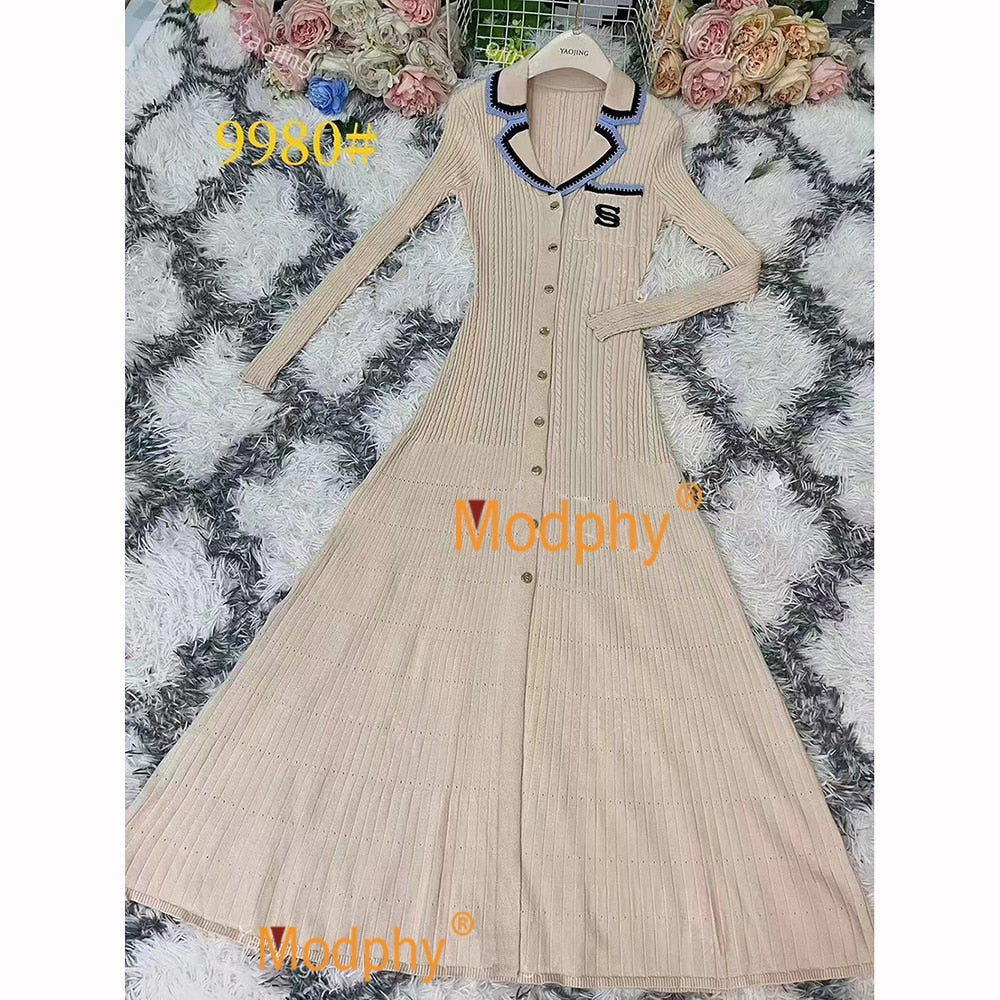 Modphy Elegant Slim Knitted Long Dress Women's Single breasted Long sleeved Designer Slim Vintage Dresses Autumn camel Long Sleeve