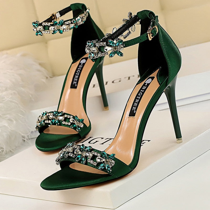 Open Toe Rhinestones Sandals Women - Sexy High Heels Sandals Female Shoes Summer Heeled Sandals green