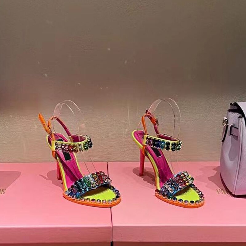Colorful Crystal Rivets High Heels Buckle Women Sandals Evening Party Pumps Patchwork Women's Summer Shoes