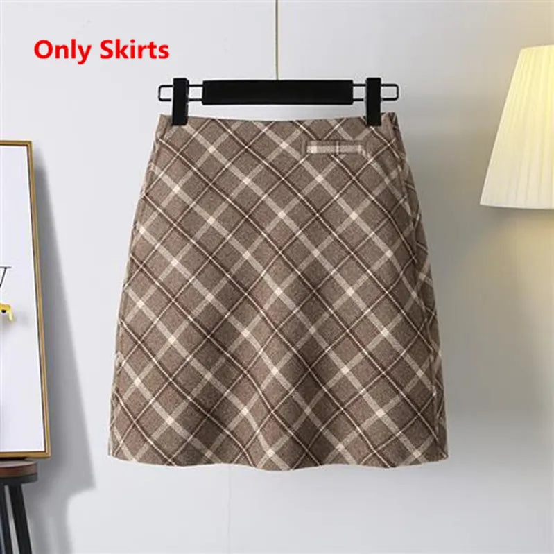 Women's Autumn Winter Lamb Coats Plaid Skirts Bottoming Tops 1 or 3 Piece Set Korean Lady Graceful Outfits Preppy Style Suits Only Skirts