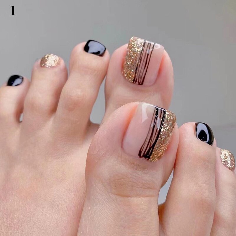 False Toenail 24Pcs/Box Toe Nail 3D Glitter Decor Press On Fake Nails With Glue Detachable Square Short Full Cover DIY Nail Tips