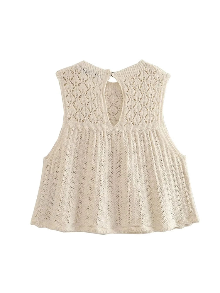 Y2K Hollow Out Knitted Women Summer 2 Piece Sets Thin Sleeveless Crop Top Female Ruffles Mini Skirt Suits