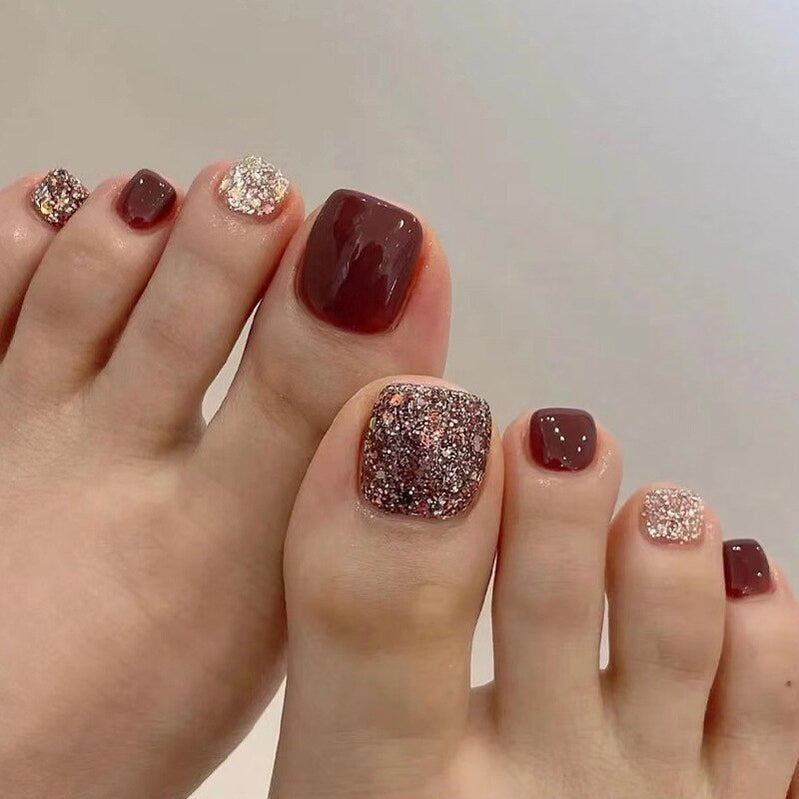 Toe Nails Set French Press on Foot Tips Fake Nail Tips with Designs Summer Reusable Artificial False Stick-on Nails Art 24pcs 2431